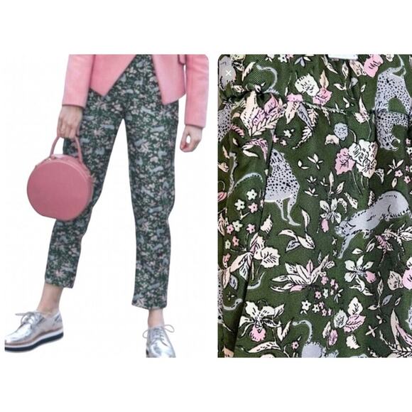 J. CREW Collection Pull-On Silk Twill Pant Green Ivy Shale Leopard Cat Preppy 6 - Picture 1 of 7